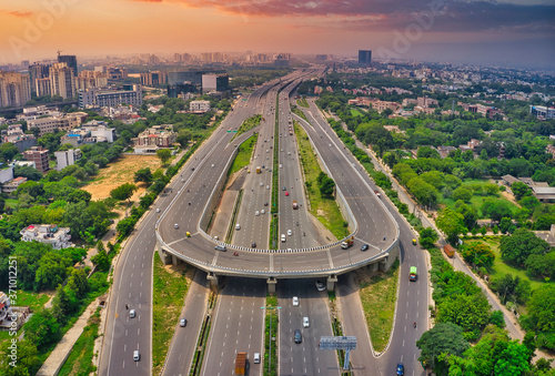 Down aerial view of empty roads near, Gurgaon city