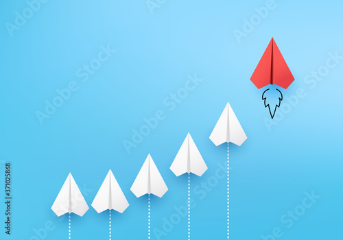 Business concept minimal as group of paper plane in one direction and with one individual pointing in different ways for creative innovative solution on 3D render vector. leadership for new ideas.