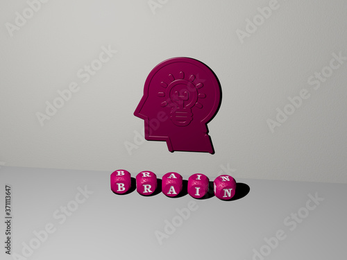 BRAIN 3D icon on the wall and text of cubic alphabets on the floor - 3D illustration for concept and background