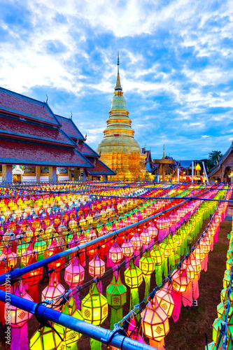 Colorful Lamp Festival and Lantern in Loi Krathong at Wat Phra That Hariphunchai.