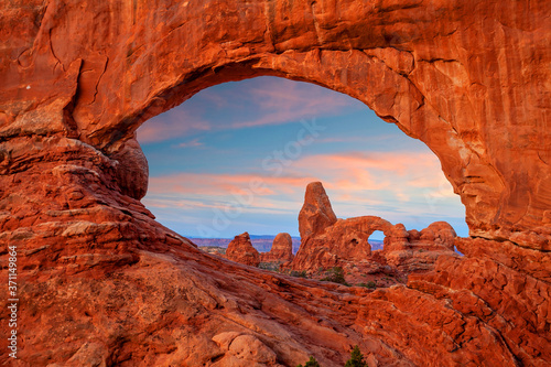 Turret arch through the North Window in Arches National Park in Utah