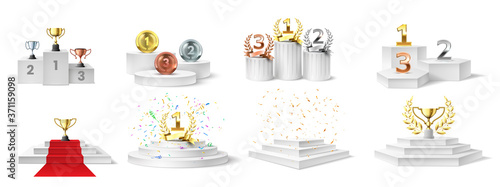 Winner podium, medal and cups. Trophies on illuminated podium for ceremony award, prizes on stair-steps pedestal, realistic vector set. Ceremony championship, pedestal winner award illustration