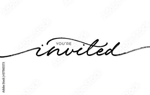 You're invited elegant black calligraphy. Hand drawn vector linear lettering. Modern typography. Can be printed on greeting cards, invitations, for weddings, birthday and holiday events. 