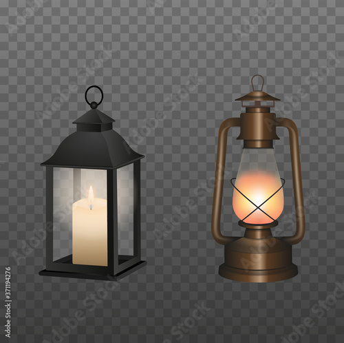 old oil lamp and lantern with candle illustration