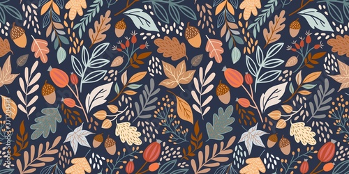 Autumn seamless pattern with different leaves and plants, seasonal colors