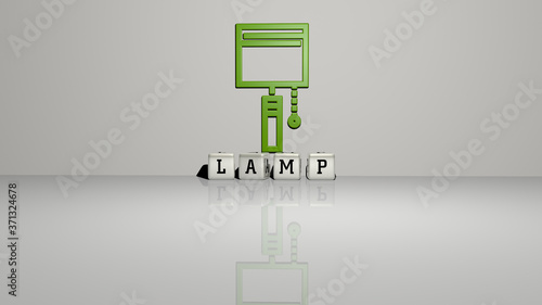 lamp text of cubic dice letters on the floor and 3D icon on the wall - 3D illustration for background and light
