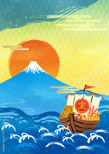 illustration of Mt.Fuji and treasure ship