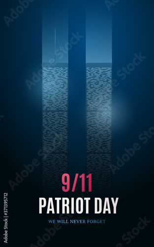Patriot day banner with light building silhouettes on blue background. September 11, American remembrance day. Vector illustration.