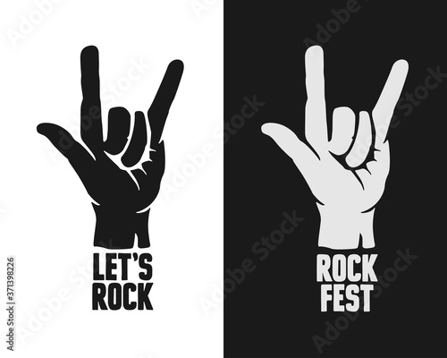 Let's rock typography. Rock on hand gesture. Vector vintage illustration.