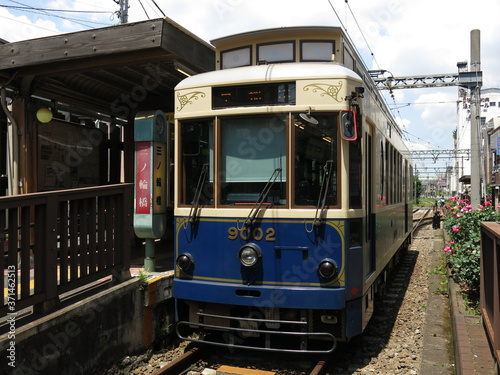 バラが彩りを添える5月の三ノ輪橋停留場（都電9000形）