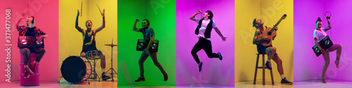 Collage of portraits of 5 young emotional talented musicians on multicolored background in neon light. Concept of human emotions, facial expression, sales. Playing guitar, singing, dancing, jumping.