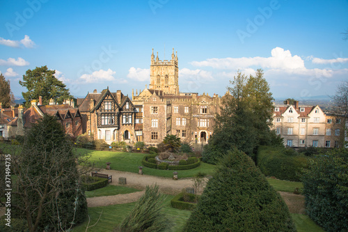 View over Great Malvern featuring the tower of Great Malvern Priory, Malvern, Worcestershire, UK