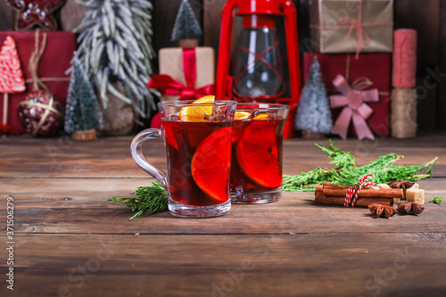 mulled wine in a glass aromatic winter drink wine and juice serving size beverage New Year's and Christmas natural product portion top view place for text copy space