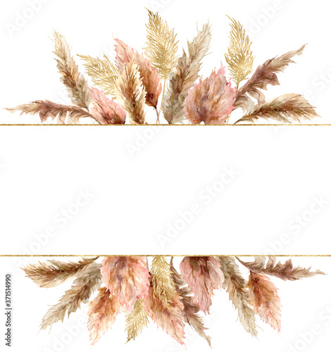 Watercolor tropical banner with dry pampas grass and gold textures. Hand painted exotic plant isolated on white background. Floral illustration for design, print, fabric or background.