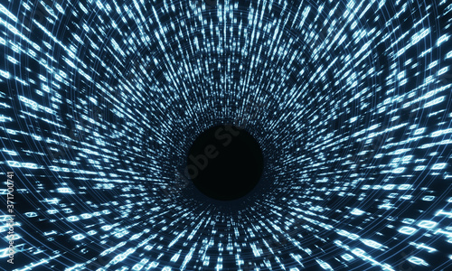 3D Rendering of abstract computer binary data tunnel. Travel at warp speed through digital information. Concept for big data processing, machine learning. Telecom or technology product background