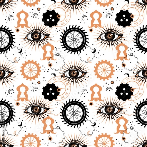 Alchemy and steampunk seamless pattern. Useful for wrapping, web backgrounds and fabric design.
