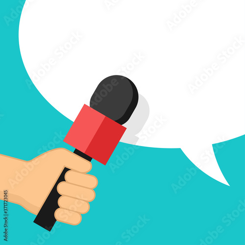 Media interview or TV report - microphone in hand and dialog box on bright background - vector template for breaking news headline, banner or poster