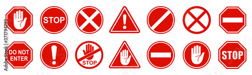 Set stop red sign icon with white hand, do not enter. Warning stop sign - stock vector