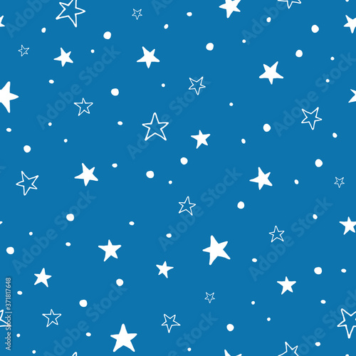 Night sky. Vector seamless pattern. Hand drawn stars and dots on a dark blue background. Holidays pattern. Design for packaging and wrapping paper, cover, textiles, banner, fabric