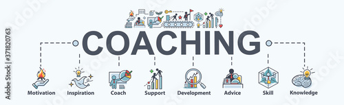 Coaching banner web icon for training and success, motivation, inspiration, teaching, coach, learning, knowledge, support and advice. Minimal vector infographic.
