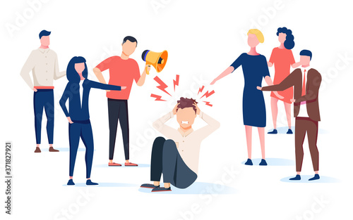 Vector illustration, the problem of bullying, a man sits on the floor surrounded by people mocking him.