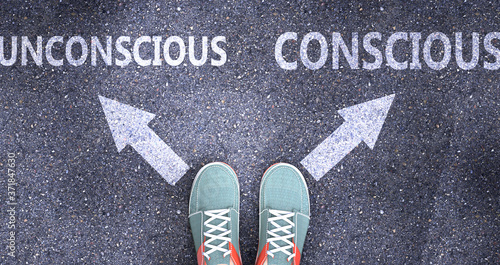 Unconscious and conscious as different choices in life - pictured as words Unconscious, conscious on a road to symbolize making decision and picking either one as an option, 3d illustration