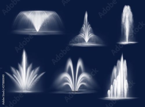 Fountains cascades, isolated vector water jets and white streams. 3d fountain of transparent aqua for parks or gardens decoration. Summer cascading liquid curve splashes and spraying realistic set