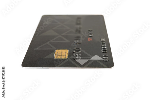 Plastic contact smart bank card close-up in selective focus