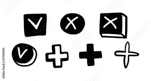 Black check mark, cross, plus and tick symbol set - vector illustration