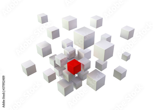 formal volumetric composition of white cubes on a white background. One red cube and all the others are white. For cover design.