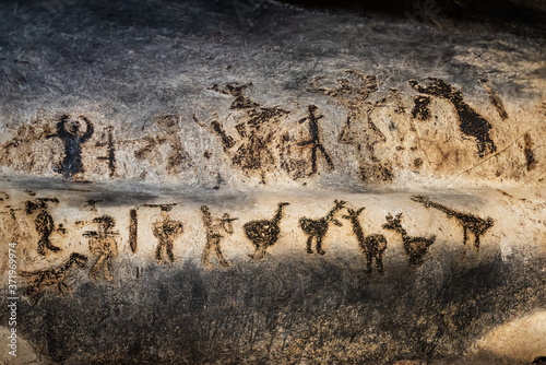 Prehistoric art wall cave paintings dating from Epipaleolithic (Stone Age), Neolithic (New Stone Age), Eneolithic (Stone-Copper Age) and the Early Bronze Age, the Magura cave in Bulgaria.