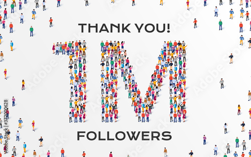 1M Followers. Group of business people are gathered together in the shape of one million sign, for web page, banner, presentation, social media, Crowd of little people. Teamwork. Vector illustration