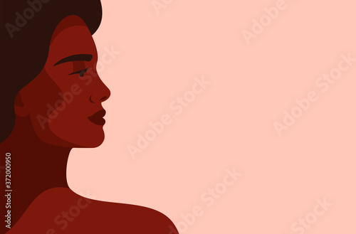 Side view face of a young strong African woman on light background. Concept of fighting for equality and black women empowerment movement. Vector horizontal banner.