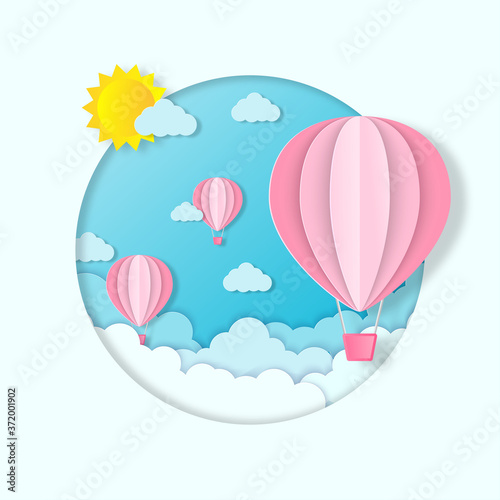  Ballon and Cloud in the blue sky with paper art design , vector design element and illustration