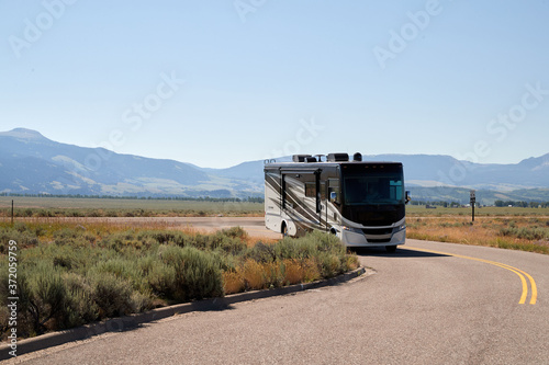 An RV parked in Jackson Hole Wyoming