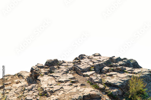 Rock mountain slope foreground close-up isolated on white background. Element for matte painting, copy space.