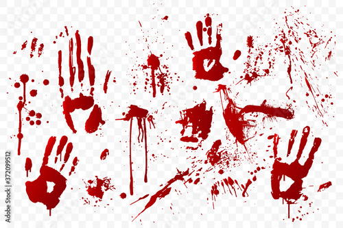 Vector blood stain and bloody handprints isolated on transparent background. Red paint splashes. Crime scene. Vampire bite. Halloween decoration element. Horror backdrop. Vector illustration.