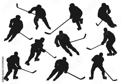 Ice hokey players silhouettes, sport team vector icons playing on ice rink arena. Ice hockey team players goalkeeper, forward, winger, referee and defenseman with puck and stick at goal gates