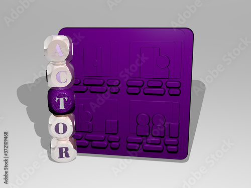 3D representation of ACTOR with icon on the wall and text arranged by metallic cubic letters on a mirror floor for concept meaning and slideshow presentation for illustration and editorial