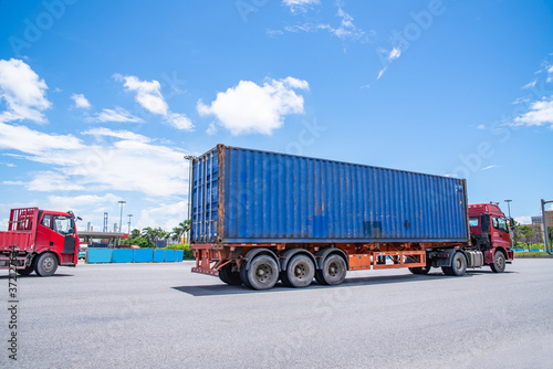 A container transport trailer speeding on the highway in Guangzhou Port Area, China