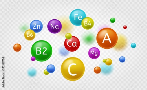 Essential vitamin. Colorful balls vitamins, multivitamin capsule, minerals with names for dietary supplement, organic multivitamins complex vector pharmacy healthcare concept