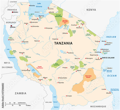 National park vector map of the East African state of Tanzania