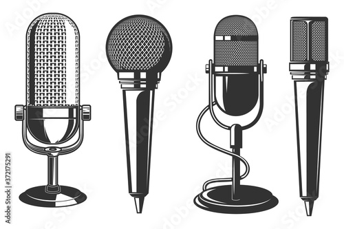Set of illustrations of microphone in retro style . Design element for poster, card, banner, logo, label, sign, badge, t shirt. Vector illustration