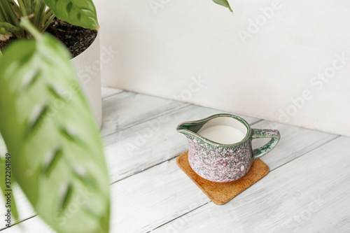 small porcelain jug of milk and a potted calathea plant on a light wooden table