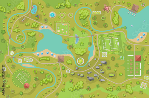 A vector illustration of amusement park map. (Top view) Attractions, paths, lake, river, plants, playground. (View from above)