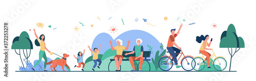 Happy group of various people in park isolated flat vector illustration. Cartoon different character walking with dog, playing, sitting and biking. Summer and leisure concept
