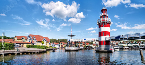Marina with lighthouse of Rheinsberg (federal state Brandenburg), Germany