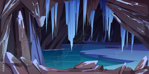 Ice cave in mountain, grotto with frozen lake and hanging icicles inside. Empty cavern, nature landscape background with crystal stalactites and icy rocks. Fantasy antre Cartoon vector illustration