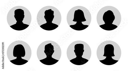 Silhouette head, avatar face, person icon people. Male and female profile. Vector illustration set