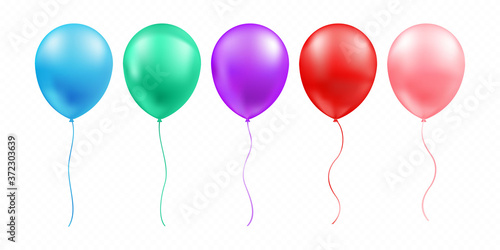 Realistic set of glossy flying helium balloons. Vector.
